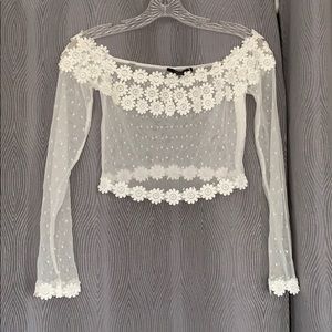 White Off the Shoulder Floral Mesh Crop